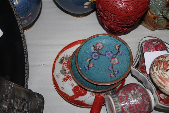 Mixed Oriental ceramics, cloisonne, a scroll etc